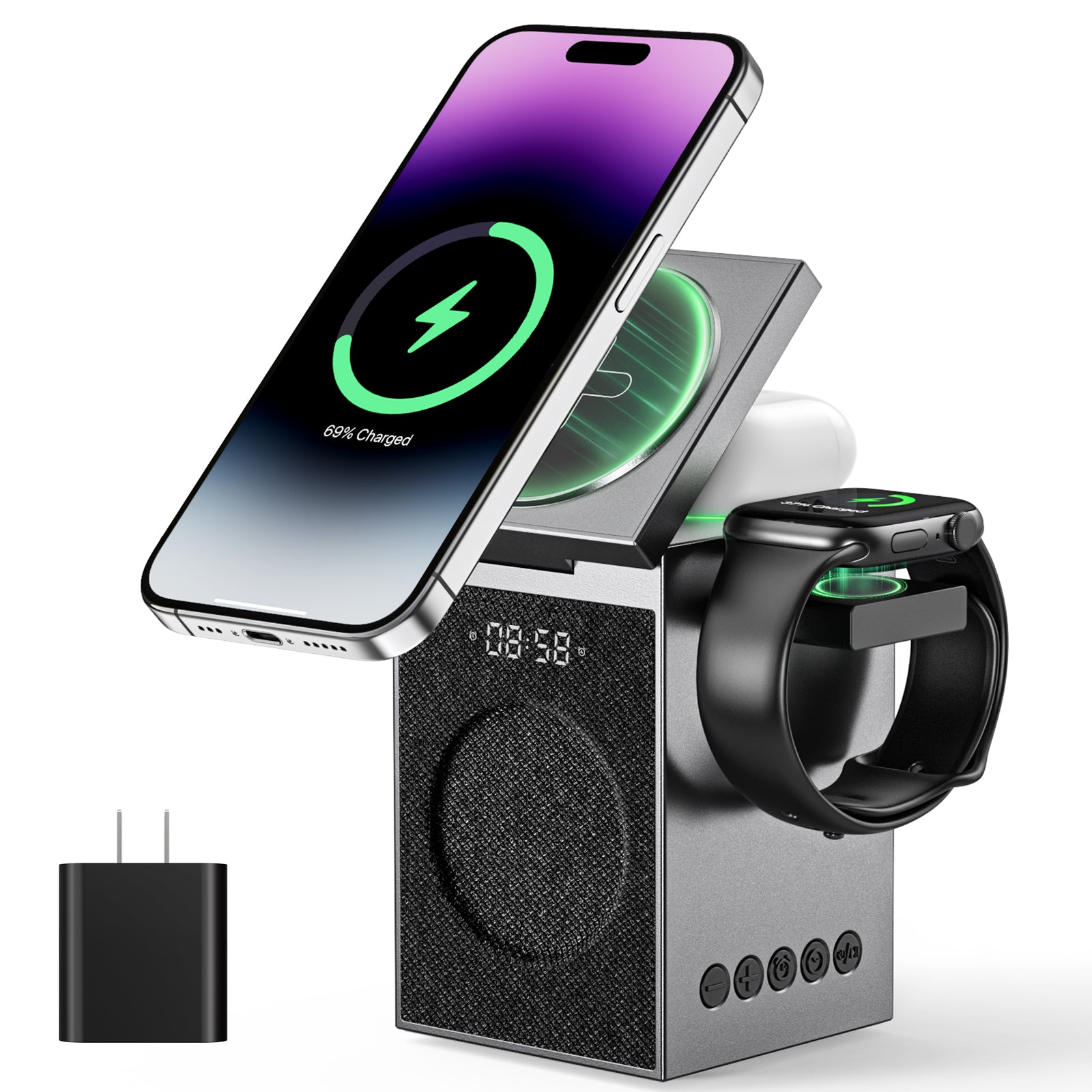 museeq cuby wireless charging bluetooth speaker alarm clock
