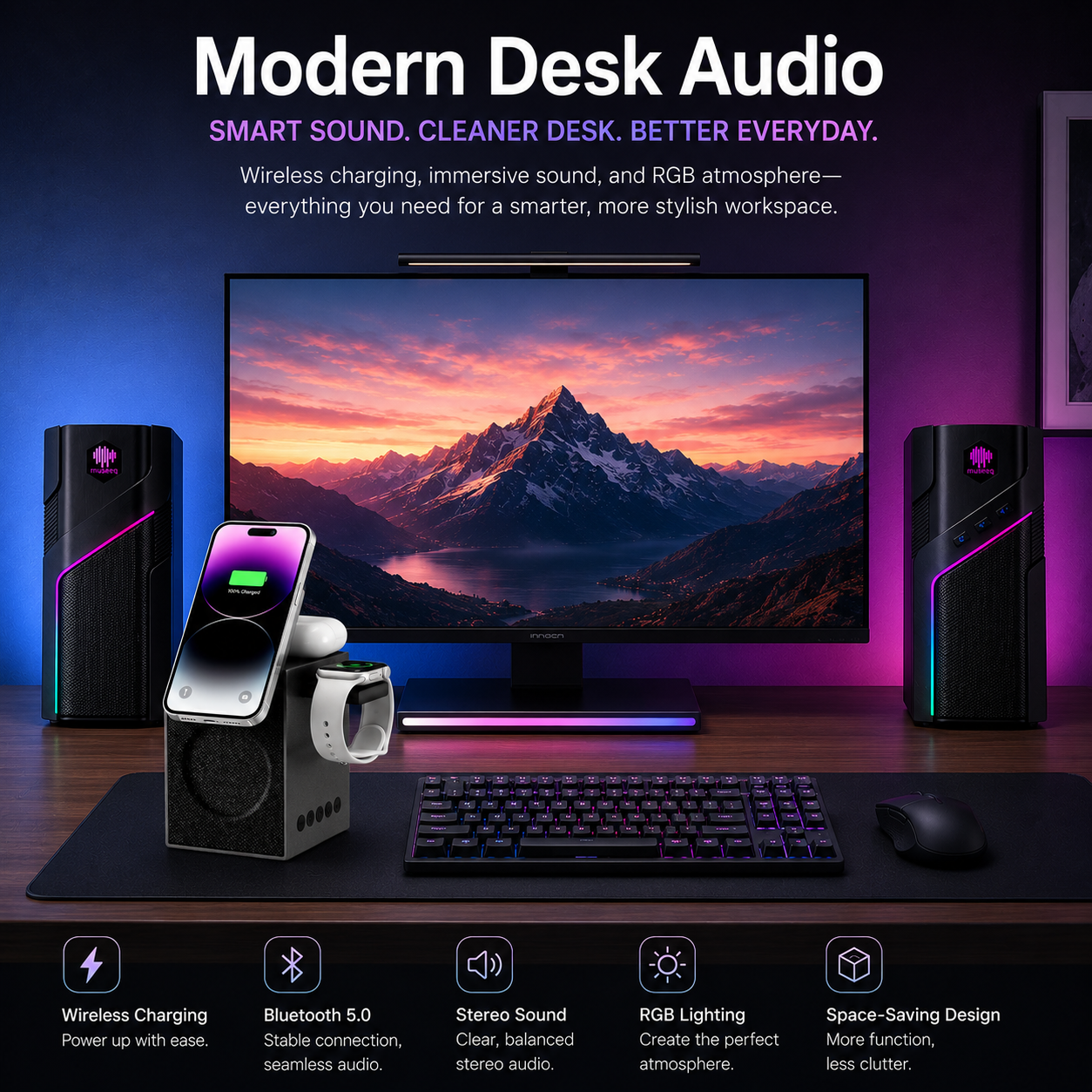 Modern desk setup with CUBY wireless charging Bluetooth speaker in front, and W-206RE RGB gaming PC speakers on both sides of a monitor, clean and minimalist workspace.