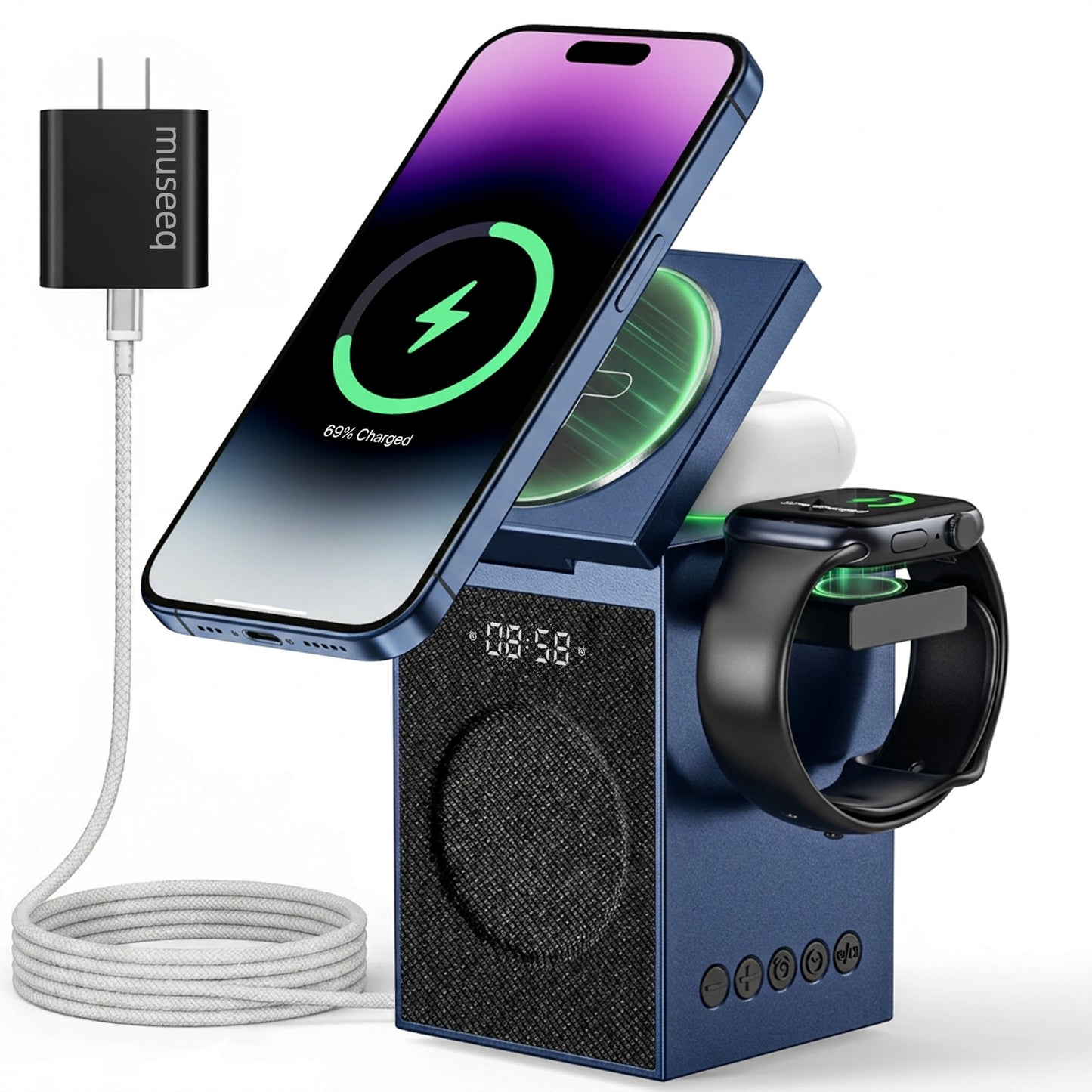 MUSEEQ CUBY Wireless Charging Bluetooth Speaker with Alarm Clock