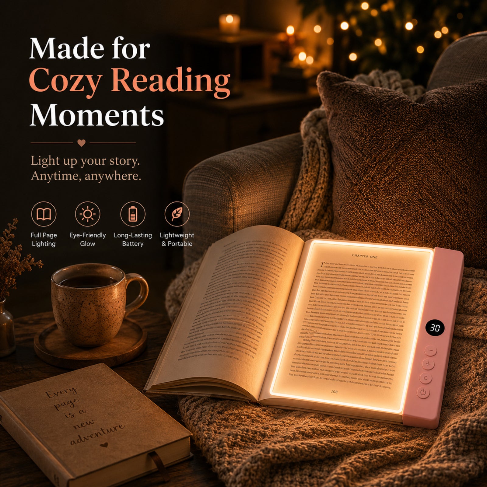 Calm Oasis Book Light Page – USB rechargeable LED reading lamp with full-page illumination for night reading.