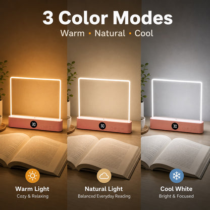 Calm Oasis Book Light Page displaying 3 color modes: warm, natural, and cool for optimal nighttime reading.