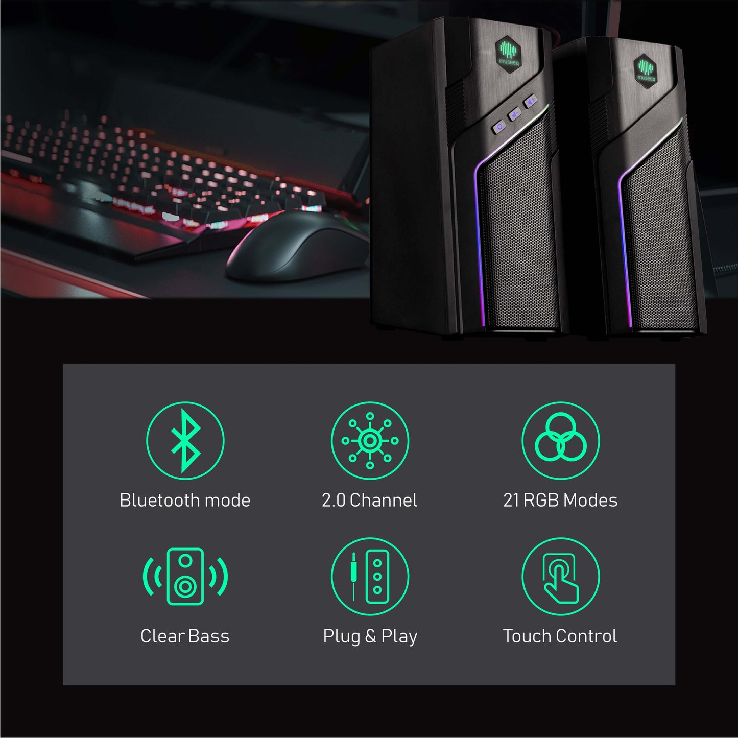 MUSEEQ Gaming PC Speakers, USB Powered, Bluetooth 5.1, 21 Lighting Modes