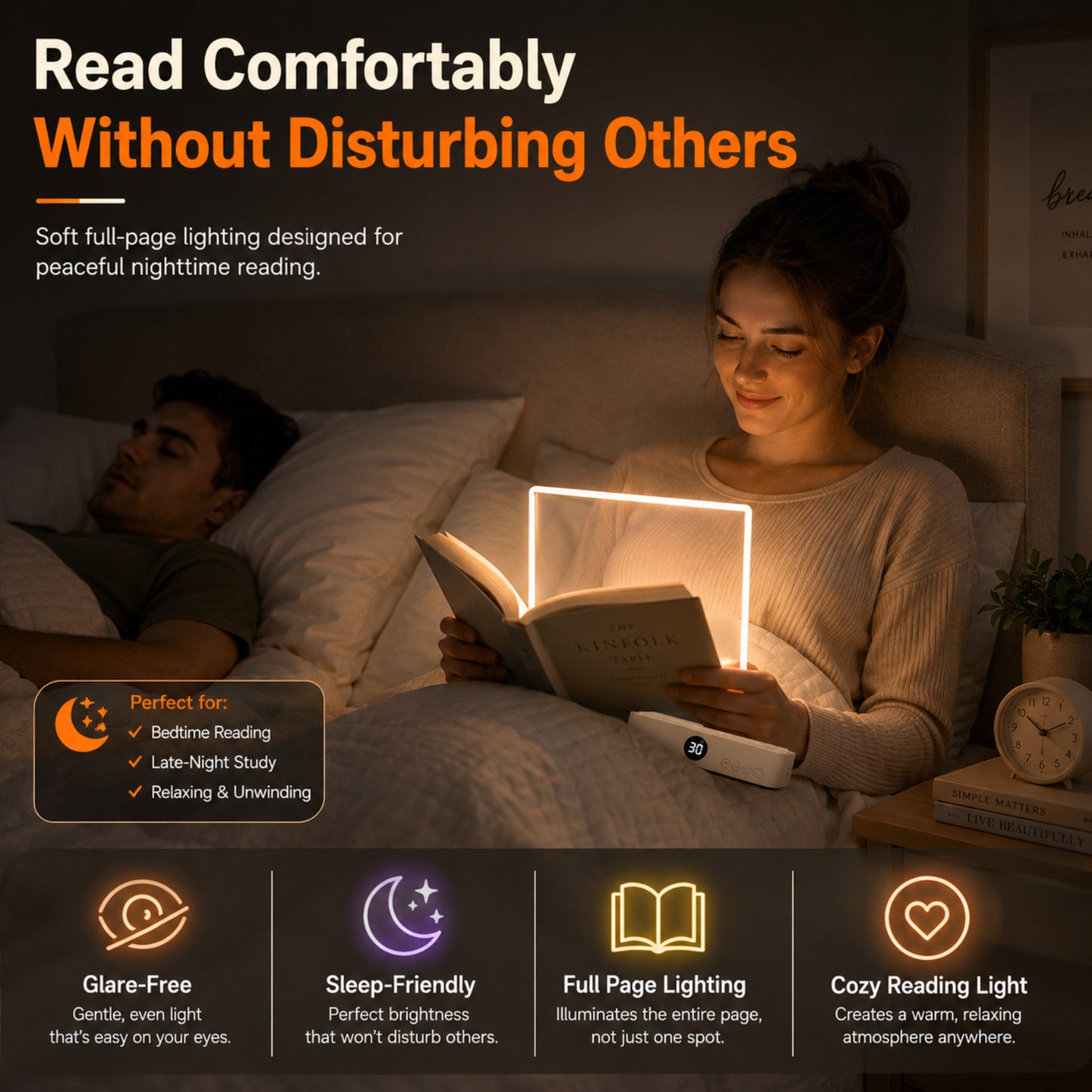 Calm Oasis Book Light Page illuminating a book for peaceful night reading, designed to avoid disturbing others.