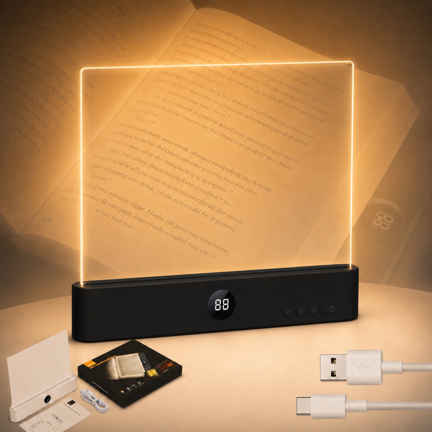 Calm Oasis Book Light Page – USB rechargeable LED reading lamp with full-page illumination for night reading.