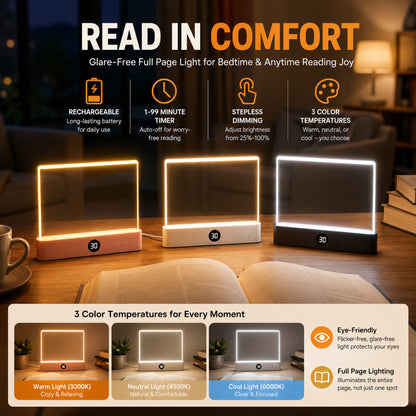 Calm Oasis Book Light Page featuring rechargeable, glare-free, full-page illumination for night reading comfort.