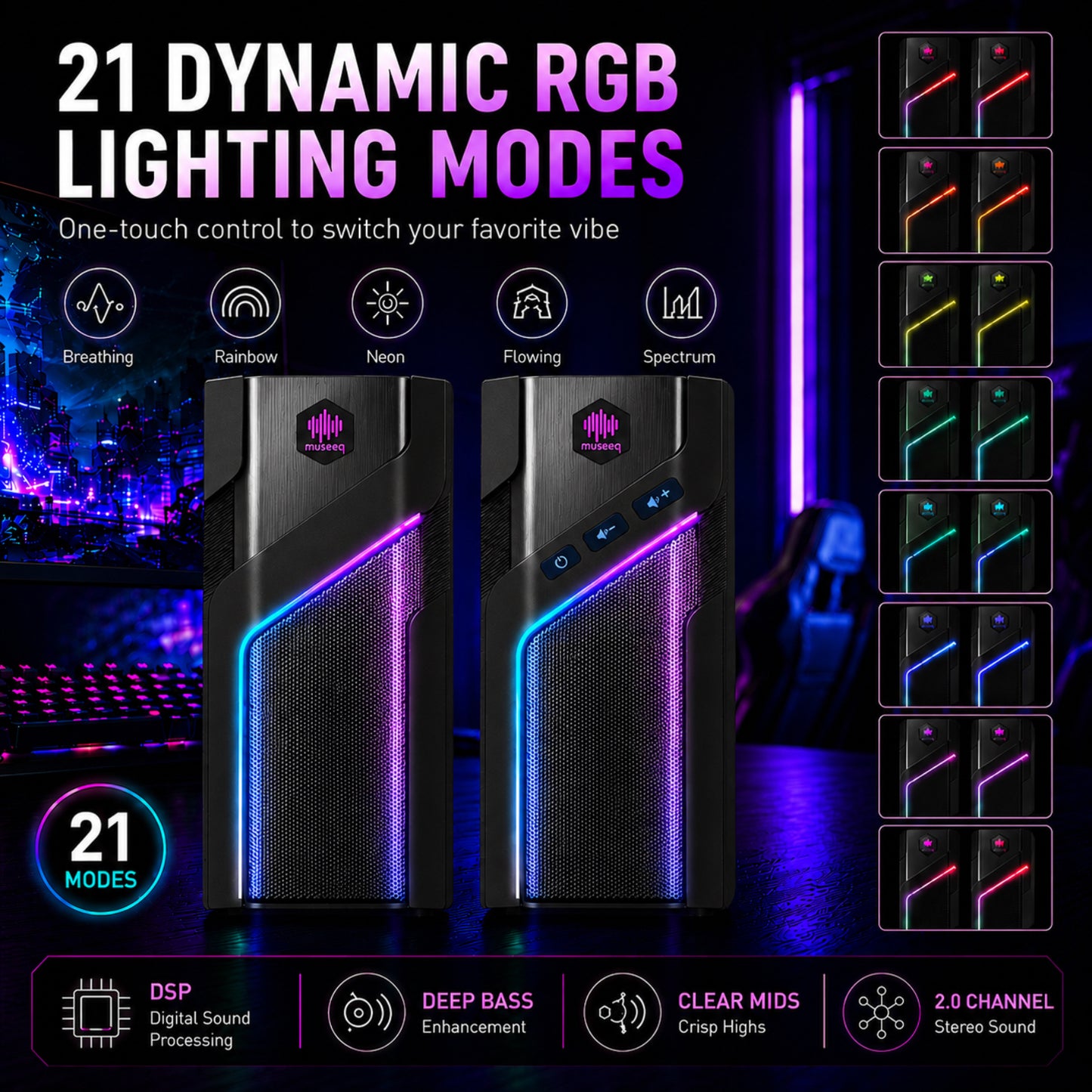 MUSEEQ W-206RE | Gaming PC Speakers for Desktop with RGB Lighting & Bluetooth