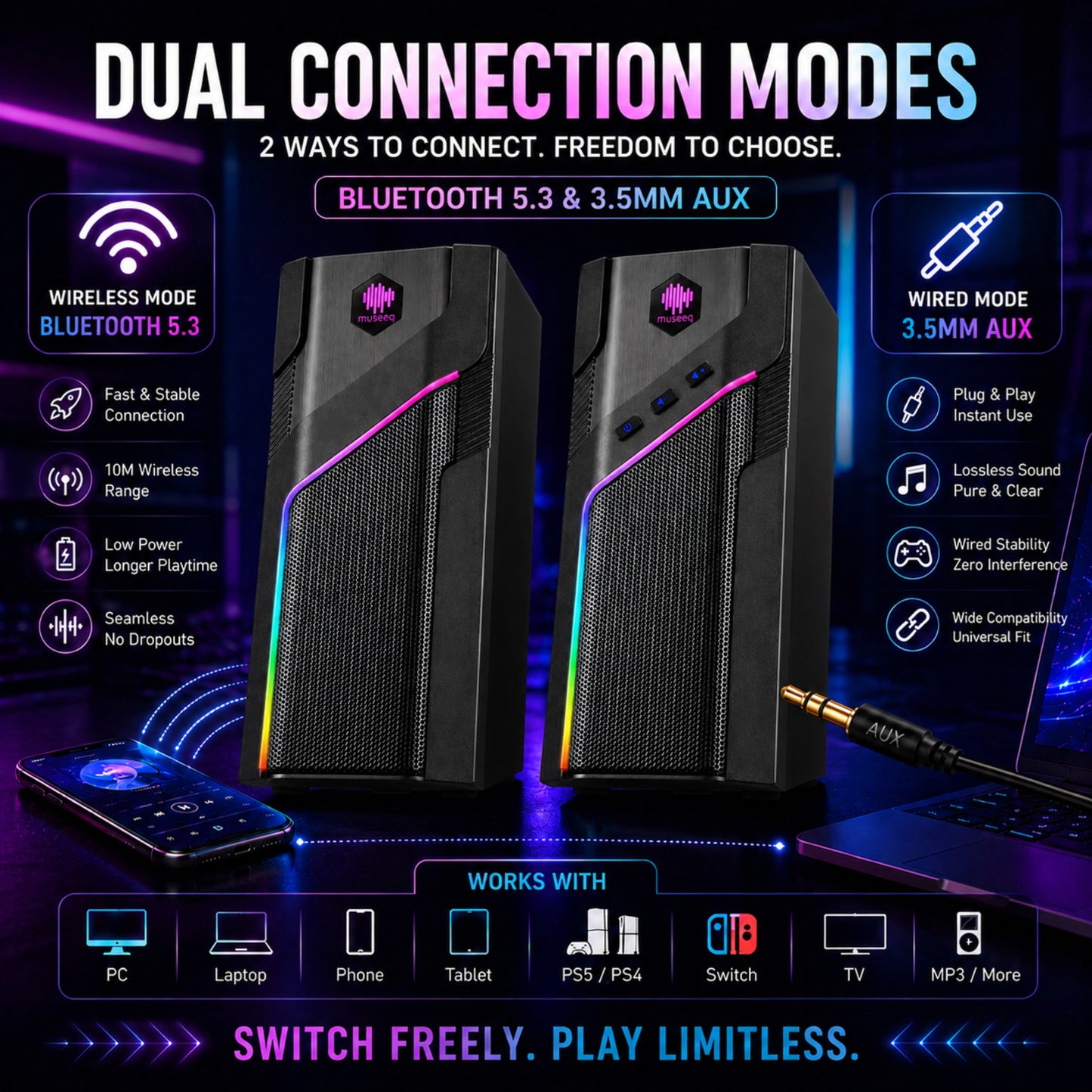 MUSEEQ W-206RE | Gaming PC Speakers for Desktop with RGB Lighting & Bluetooth