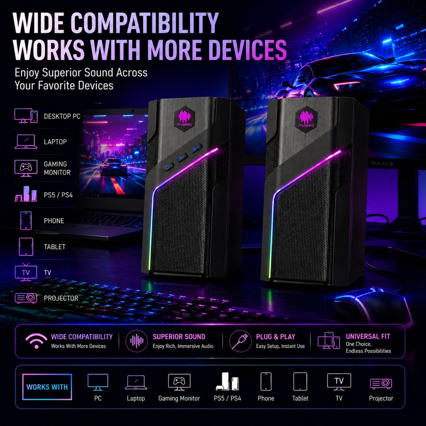 MUSEEQ W-206RE | Gaming PC Speakers for Desktop with RGB Lighting & Bluetooth