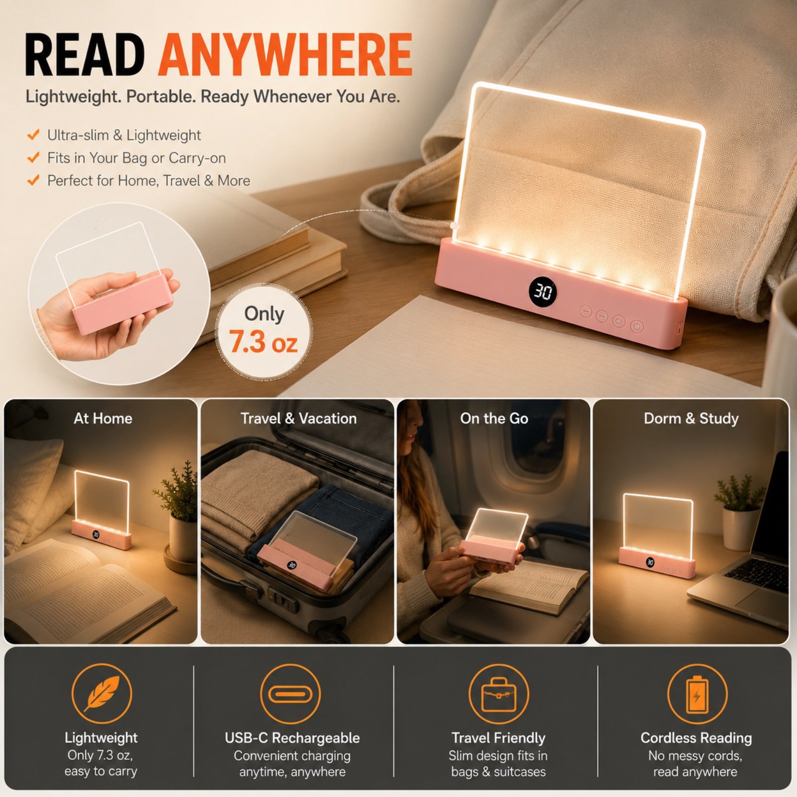 Calm Oasis Book Light Page – USB rechargeable reading lamp for comfortable night reading.