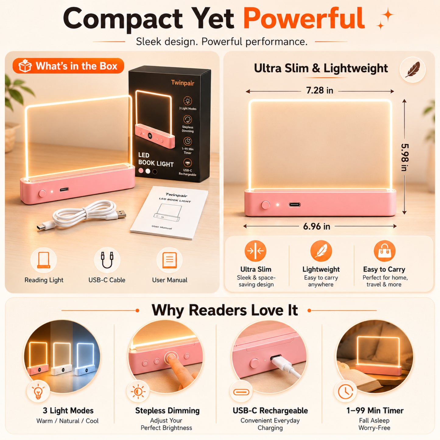 Calm Oasis Book Light Page - Compact LED book light with sleek design and USB-C recharge features for night reading.