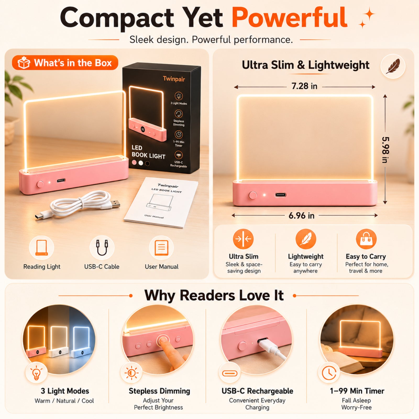 Calm Oasis Book Light Page - Compact LED book light with sleek design and USB-C recharge features for night reading.