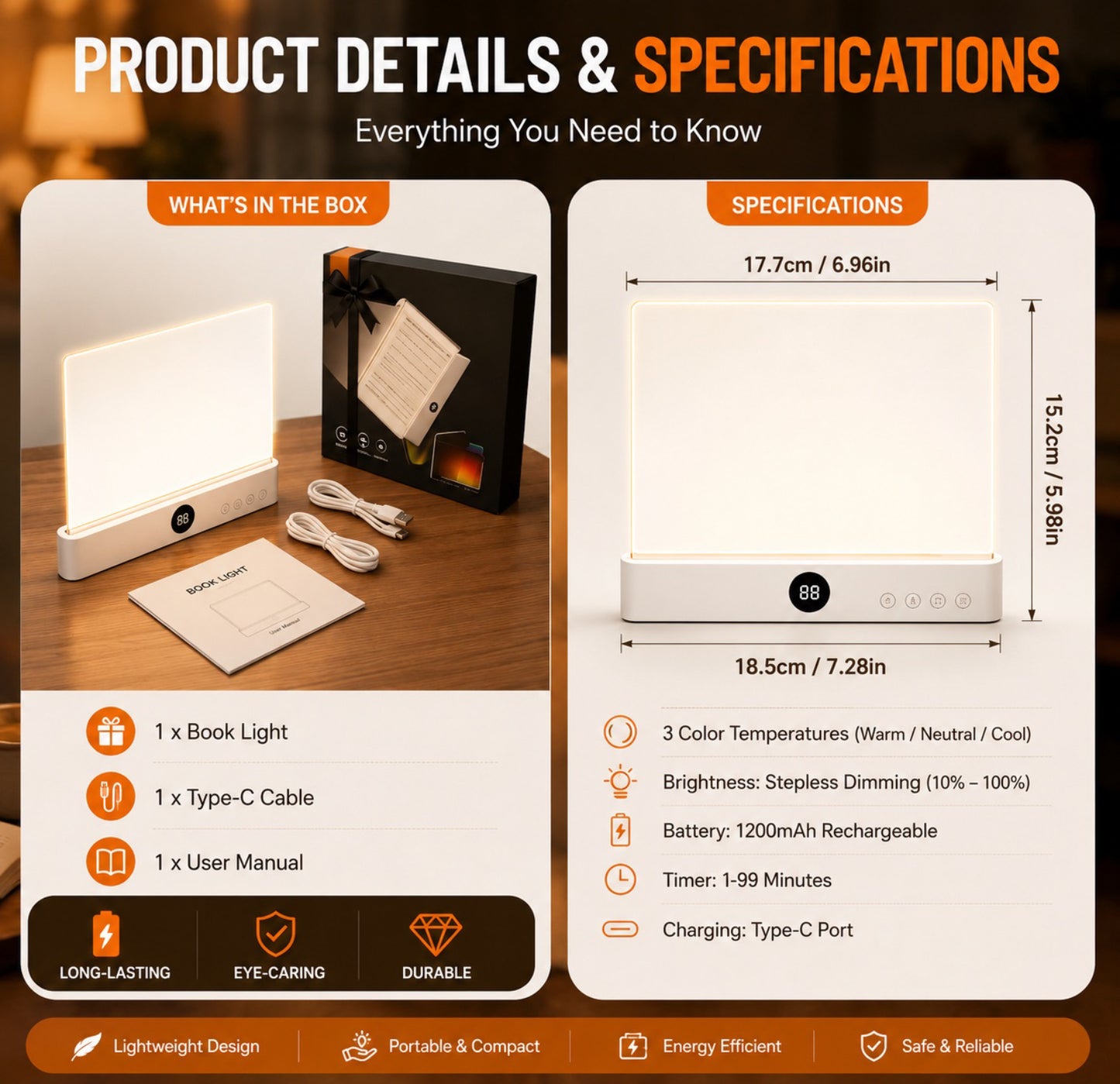 Product details and specifications for Calm Oasis Book Light Page, including dimensions and features.