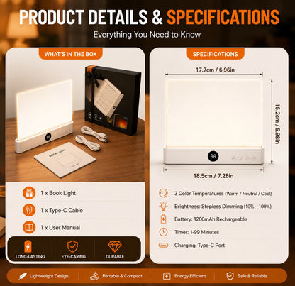 Product details and specifications for Calm Oasis Book Light Page, including dimensions and features.
