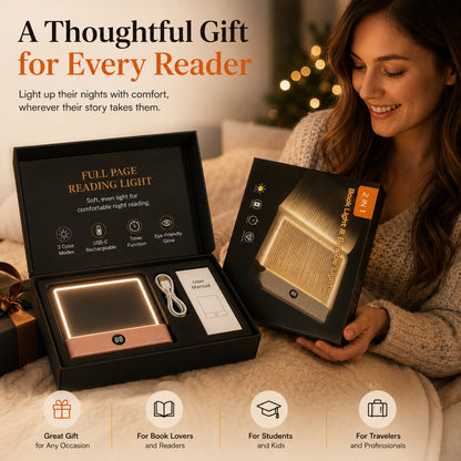 Calm Oasis Book Light Page – USB rechargeable LED reading lamp with full-page illumination for night reading.