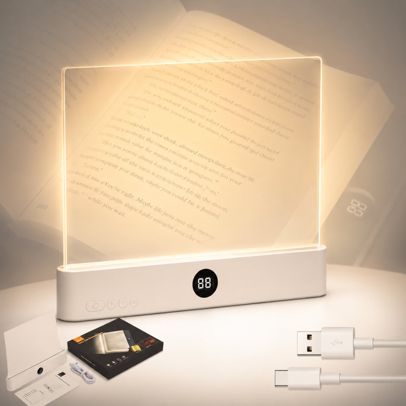 Calm Oasis Book Light Page illuminating an open book, showcasing soft LED light and USB rechargeable design.
