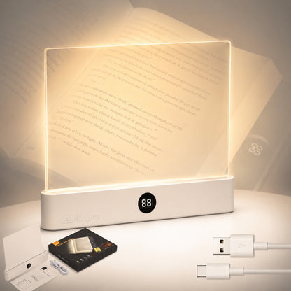 Calm Oasis Book Light Page illuminating an open book, showcasing soft LED light and USB rechargeable design.